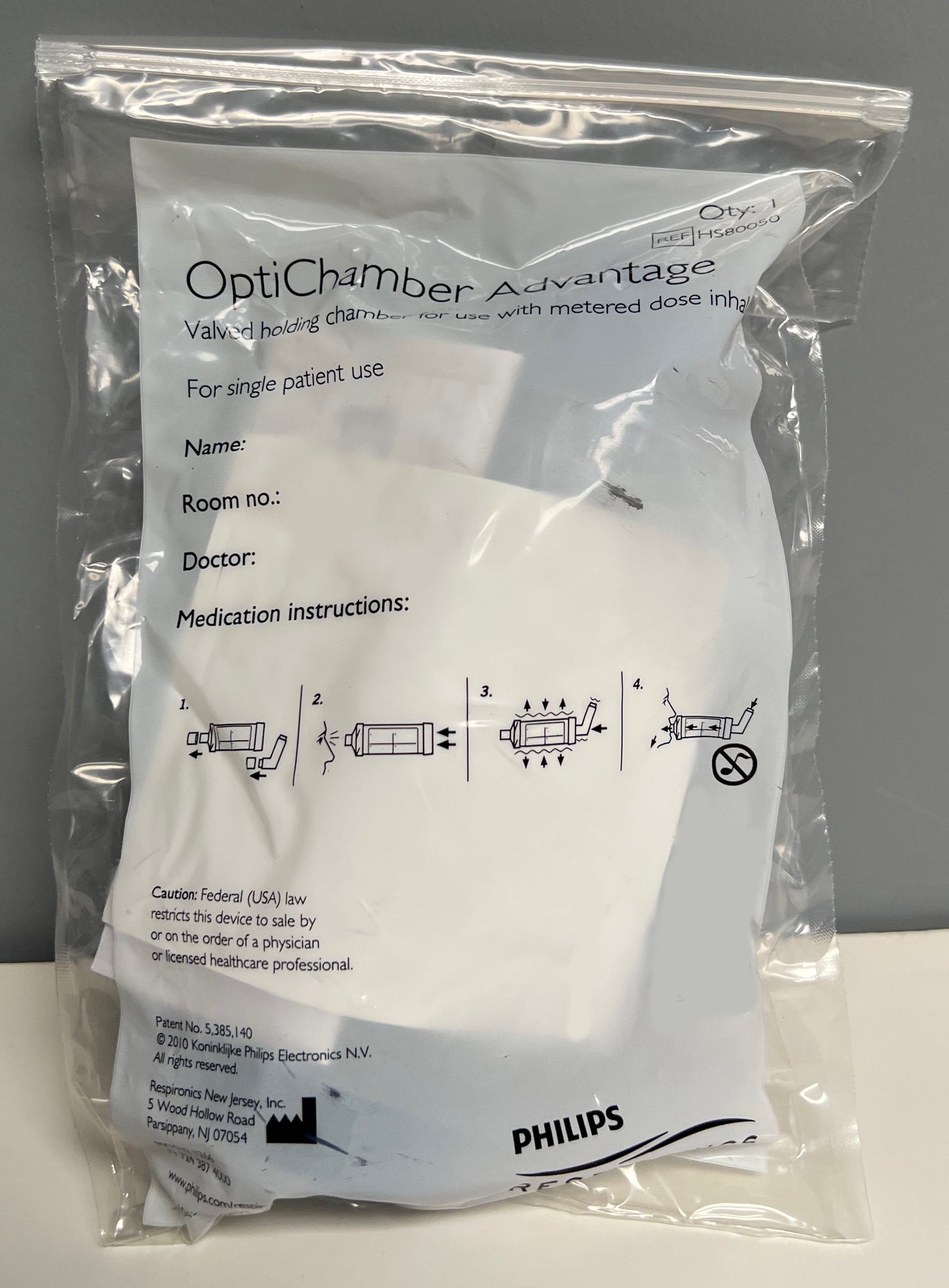 Respironics MDI Optichamber in Reclosable Bag - Front View with Label
