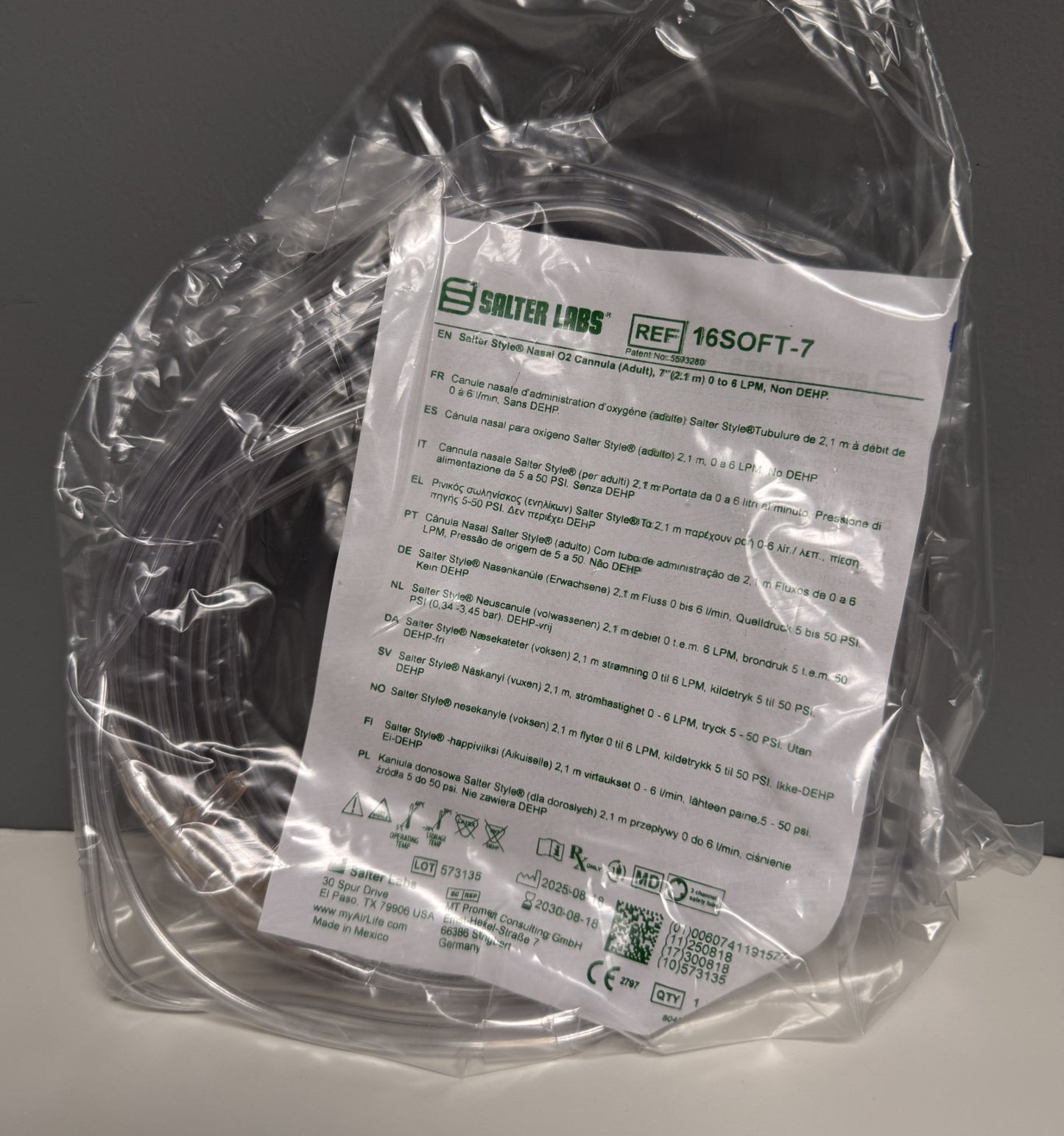 SunMed Salter Labs Nasal Cannula, Soft, 7ft, Adult, in package with label